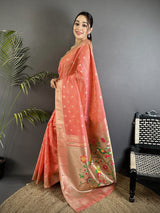 Dista Elora Pink Tissue Parrot & Floral Woven Design Paithani Saree, view 2