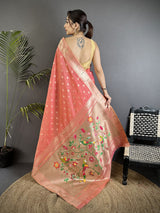 Dista Elora Pink Tissue Parrot & Floral Woven Design Paithani Saree, view 3