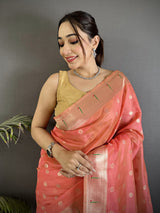 Dista Elora Pink Tissue Parrot & Floral Woven Design Paithani Saree, view 4