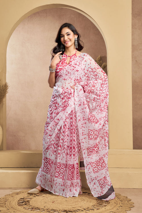 Dista Elora Pink & White Linen Abstract Printed Ready To Wear Saree