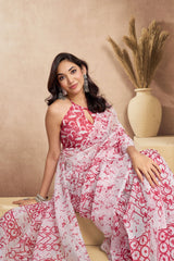 Dista Elora Pink & White Linen Abstract Printed Ready To Wear Saree, view 3