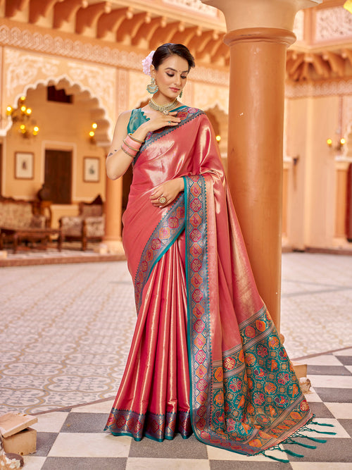 Dista Elora Pink Zari Tissue Solid Banarasi Silk Woven Jacquard Work Designer Saree