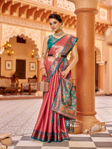 Dista Elora Pink Zari Tissue Solid Banarasi Silk Woven Jacquard Work Designer Saree, view 2