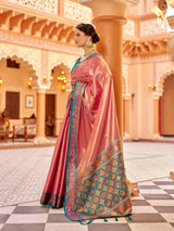 Dista Elora Pink Zari Tissue Solid Banarasi Silk Woven Jacquard Work Designer Saree, view 3