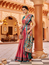 Dista Elora Pink Zari Tissue Solid Banarasi Silk Woven Jacquard Work Designer Saree, view 4