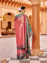 Dista Elora Pink Zari Tissue Solid Banarasi Silk Woven Jacquard Work Designer Saree, view 5