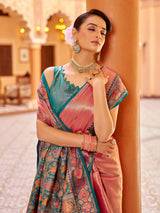 Dista Elora Pink Zari Tissue Solid Banarasi Silk Woven Jacquard Work Designer Saree, view 6