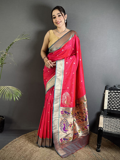 Dista Elora Pinkish Red Lichi Silk Paithani Peacock Motifs Zari Work Saree