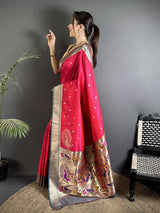 Dista Elora Pinkish Red Lichi Silk Paithani Peacock Motifs Zari Work Saree, view 2