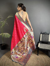 Dista Elora Pinkish Red Lichi Silk Paithani Peacock Motifs Zari Work Saree, view 3