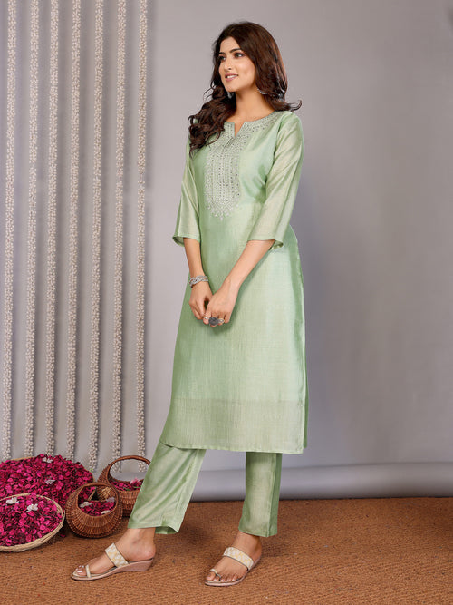 Dista Elora Pista Green Chanderi Plain Embroidery Straight Cut Notch Neck Kurta Set
