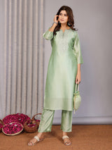 Dista Elora Pista Green Chanderi Plain Embroidery Straight Cut Notch Neck Kurta Set, view 2