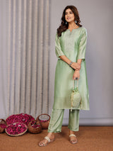Dista Elora Pista Green Chanderi Plain Embroidery Straight Cut Notch Neck Kurta Set, view 3