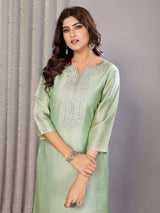 Dista Elora Pista Green Chanderi Plain Embroidery Straight Cut Notch Neck Kurta Set, view 4