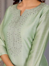 Dista Elora Pista Green Chanderi Plain Embroidery Straight Cut Notch Neck Kurta Set, view 5