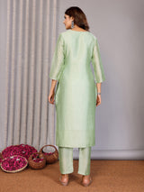 Dista Elora Pista Green Chanderi Plain Embroidery Straight Cut Notch Neck Kurta Set, view 6