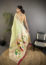 Dista Elora Pista Green Soft Silk Peacock & Floral Zari Motifs Kanchipuram Saree, view 2