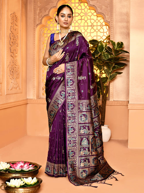 Dista Elora Plum Pure Soft Silk Baluchari Weaving Saree