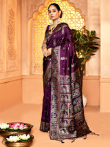 Dista Elora Plum Pure Soft Silk Baluchari Weaving Saree, view 2