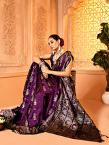 Dista Elora Plum Pure Soft Silk Baluchari Weaving Saree, view 3