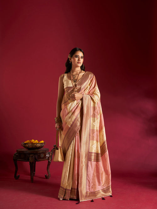 Dista Elora Pure Soft Banarasi Weaving Silk Saree- Cream & Light Pink