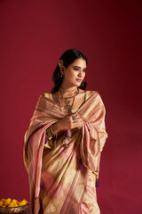 Dista Elora Pure Soft Banarasi Weaving Silk Saree- Cream & Light Pink, view 2