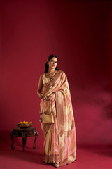 Dista Elora Pure Soft Banarasi Weaving Silk Saree- Cream & Light Pink, view 3