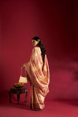 Dista Elora Pure Soft Banarasi Weaving Silk Saree- Cream & Light Pink, view 4