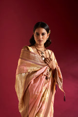 Dista Elora Pure Soft Banarasi Weaving Silk Saree- Cream & Light Pink, view 6