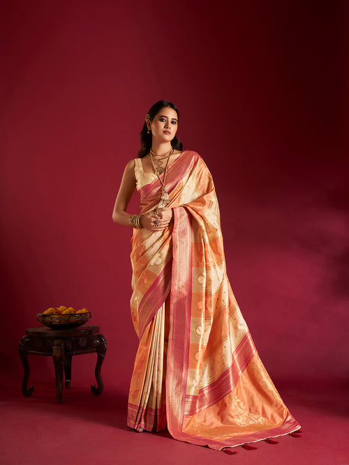 Dista Elora Pure Soft Banarasi Weaving Silk Saree- Cream & Orange