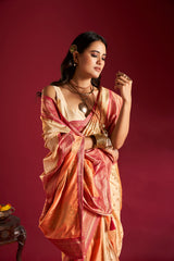 Dista Elora Pure Soft Banarasi Weaving Silk Saree- Cream & Orange, view 2