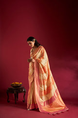 Dista Elora Pure Soft Banarasi Weaving Silk Saree- Cream & Orange, view 3