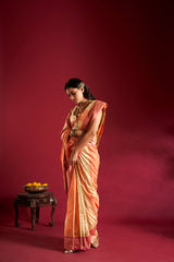 Dista Elora Pure Soft Banarasi Weaving Silk Saree- Cream & Orange, view 4