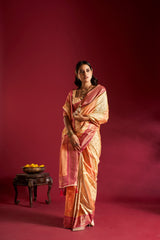 Dista Elora Pure Soft Banarasi Weaving Silk Saree- Cream & Orange, view 5