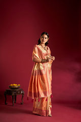 Dista Elora Pure Soft Banarasi Weaving Silk Saree- Cream & Orange, view 6