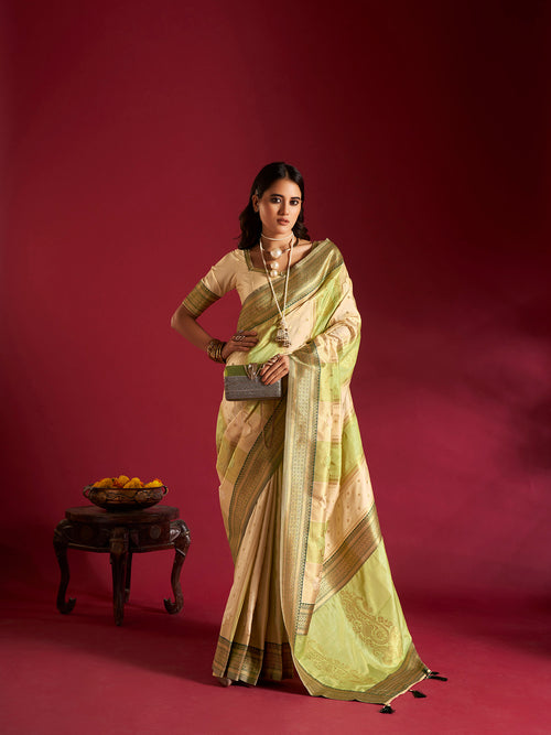 Dista Elora Pure Soft Banarasi Weaving Silk Saree- Cream & Parrot Green