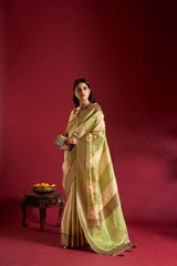 Dista Elora Pure Soft Banarasi Weaving Silk Saree- Cream & Parrot Green, view 2