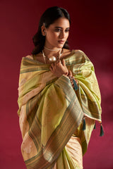 Dista Elora Pure Soft Banarasi Weaving Silk Saree- Cream & Parrot Green, view 3