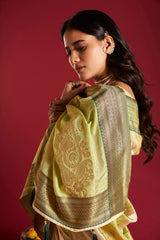 Dista Elora Pure Soft Banarasi Weaving Silk Saree- Cream & Parrot Green, view 4