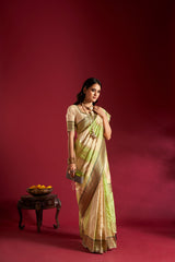 Dista Elora Pure Soft Banarasi Weaving Silk Saree- Cream & Parrot Green, view 5