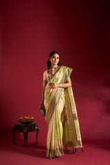Dista Elora Pure Soft Banarasi Weaving Silk Saree- Cream & Parrot Green, view 6