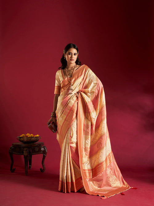 Dista Elora Pure Soft Banarasi Weaving Silk Saree- Cream & Pink