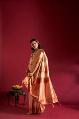 Dista Elora Pure Soft Banarasi Weaving Silk Saree- Cream & Pink, view 2