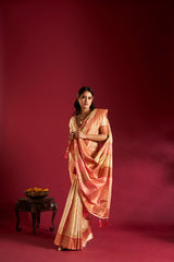 Dista Elora Pure Soft Banarasi Weaving Silk Saree- Cream & Pink, view 3