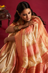 Dista Elora Pure Soft Banarasi Weaving Silk Saree- Cream & Pink, view 4