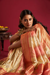 Dista Elora Pure Soft Banarasi Weaving Silk Saree- Cream & Pink, view 5