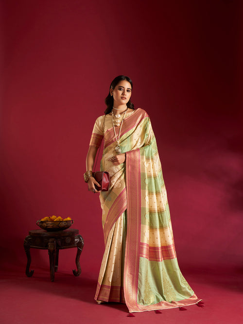 Dista Elora Pure Soft Banarasi Weaving Silk Saree- Cream & Sea Green