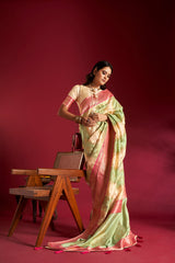 Dista Elora Pure Soft Banarasi Weaving Silk Saree- Cream & Sea Green, view 2