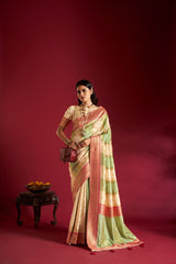 Dista Elora Pure Soft Banarasi Weaving Silk Saree- Cream & Sea Green, view 4