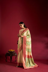 Dista Elora Pure Soft Banarasi Weaving Silk Saree- Cream & Sea Green, view 5